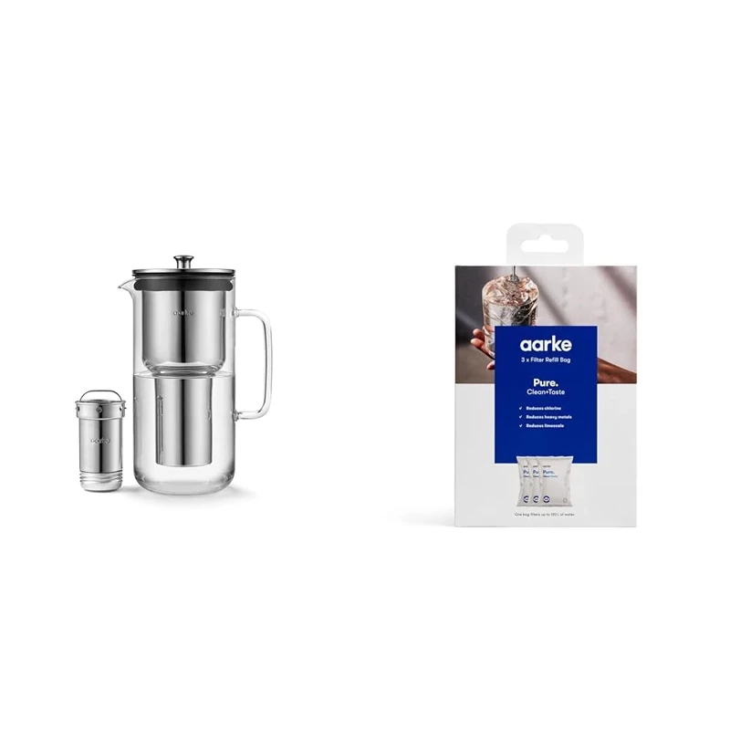 Aarke Purifier, Water Filter Jug in Glass and Stainless Steel, 2.4L / 10 Cups & 3-Pack Pure Filter Refill Bags – Reducing Chlorine, Heavy Metals and Limescale