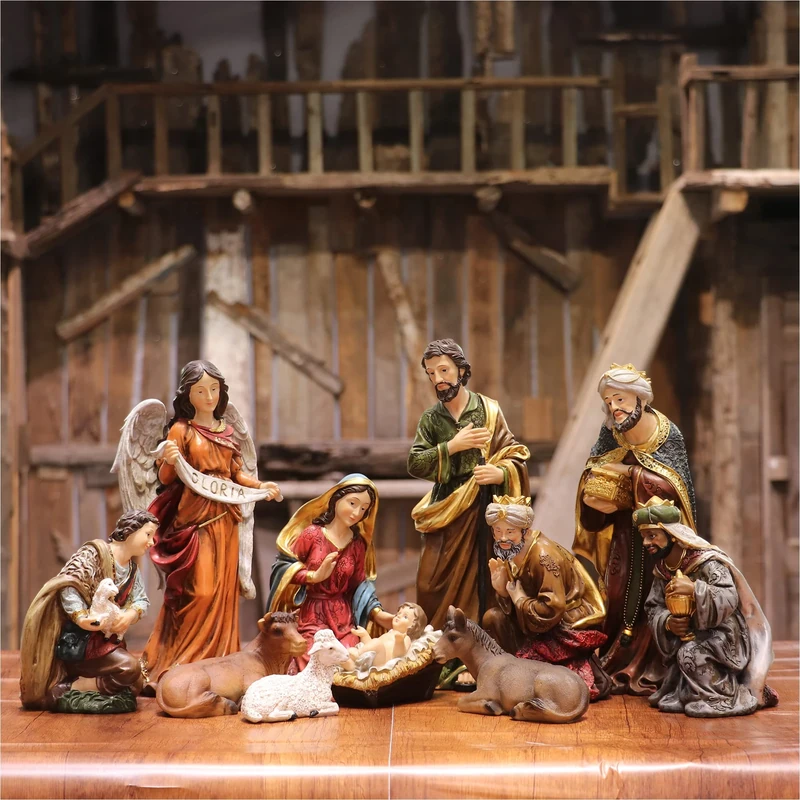 Zayton Nativity Set Christmas Figurines Nativity Scene Set 12.5“ Holy Family Miniatures Statue Baby Jesus Manger Christmas Crib Ornament Church Xmas Gift Home Decoration