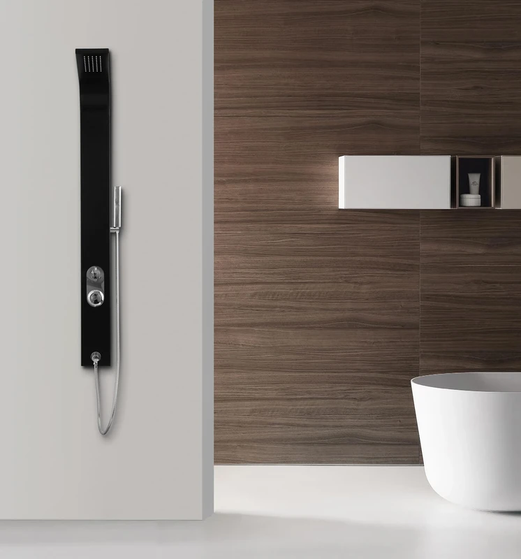 MARWELL Shower Panel Care Black Shower Column Brushed Stainless Steel 150 x 15 cm Shower Set with 2 Different Shower Functions Rain Shower and Hand Shower Chrome