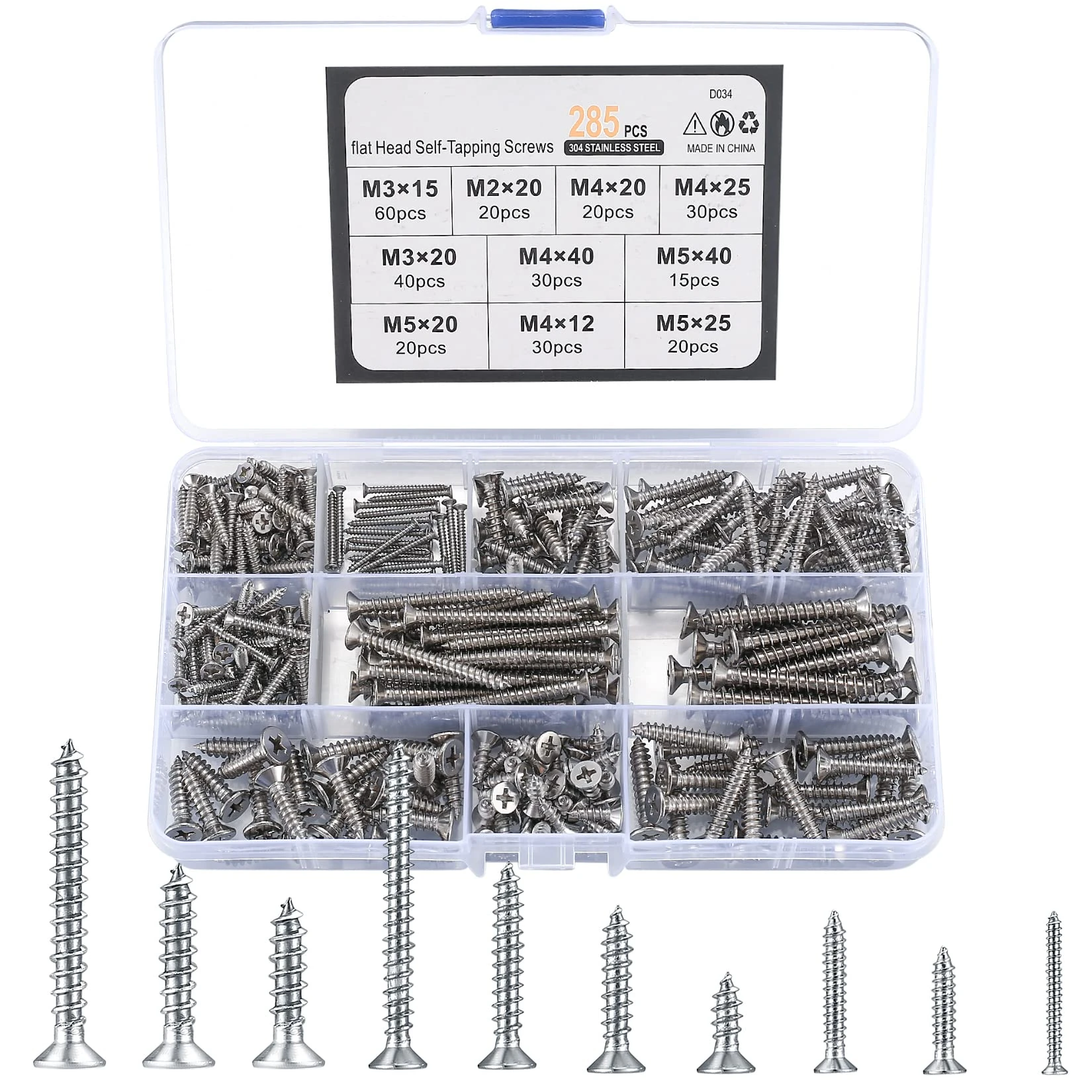 XxinXrong285 Pcs Self Tapping Screws Assortment Set, M2/M3/M4/M5 Stainless Steel Self Drilling Wood Screws,Flat-head countersunk wood screw set with storage box， Repair, Woodworking