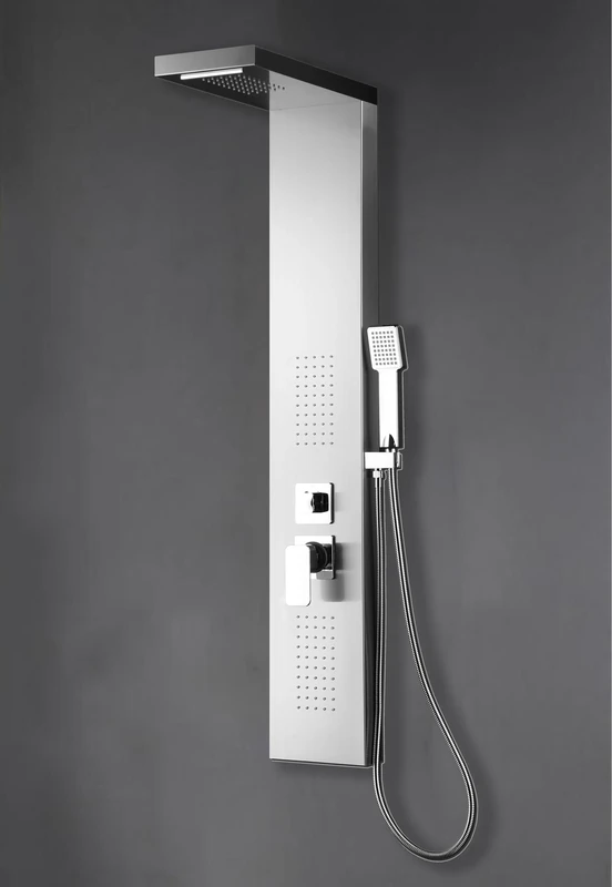 Marwell Enya Shower Panel Brushed Stainless Steel 121 x 20 cm Shower Set with 4 Different Shower Functions Waterfall Shower, Rain Shower, Massage Shower and Hand Shower Anti-Limescale Knobs