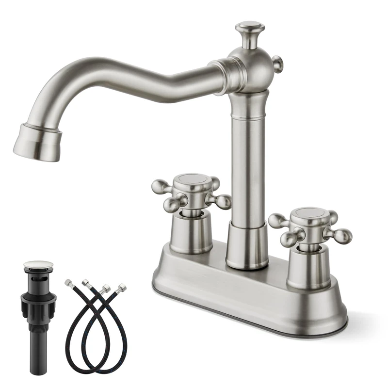 gotonovo 4" Centerest Basin Mixer Tap with 2 Cross Handles Basin Mixer Tap RV with Water Hose and Pop Up Drain Brushed Nickel