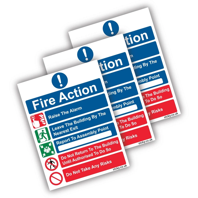 Stcky.co Fire Action Sign Pack of 3 - 20x15cm UV Waterproof Sticker