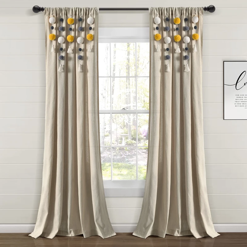 Lush Decor Boho Pom Pom Tassel Linen Window Curtain Panel (Single Panel), 95" L x 52" W, Yellow & Gray