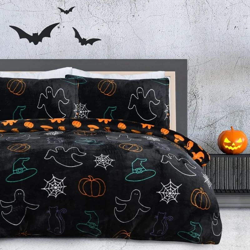 Sleepdown Halloween Spooky Ghost Black Orange Flannel Fleece Reversible Duvet Cover Quilt Bedding Set with Pillowcases Warm Soft Easy Care Bed Linen - King (230cm x 220cm), 5056557512522
