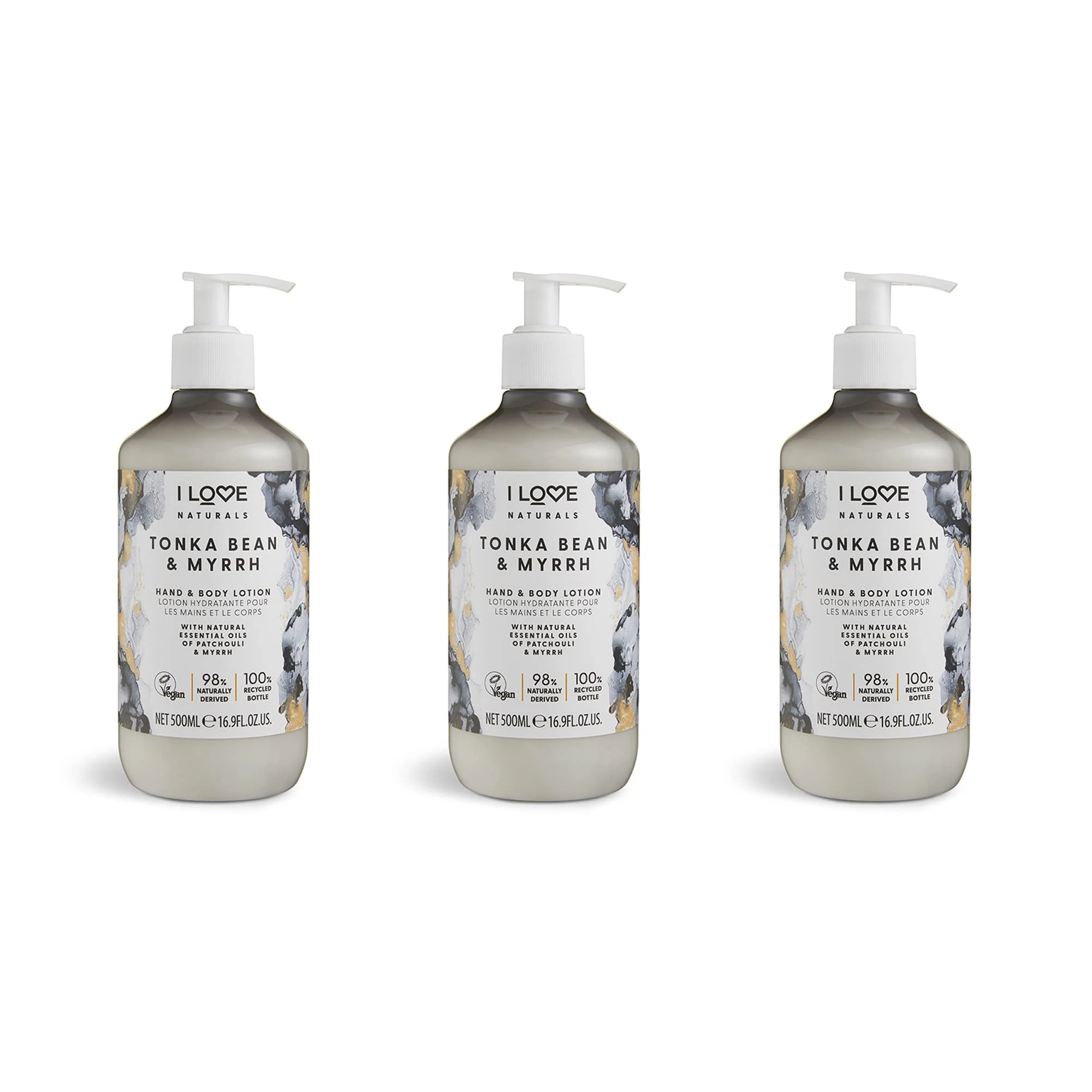 I Love Naturals Tonka Bean & Myrrh Hand & Body Lotion Nourishing Moisturiser with Patchouli & Myrrh Essential Oils, Shea Butter & Coconut Oil for Soft, Smooth Skin Vegan-Friendly 3 x 500ml
