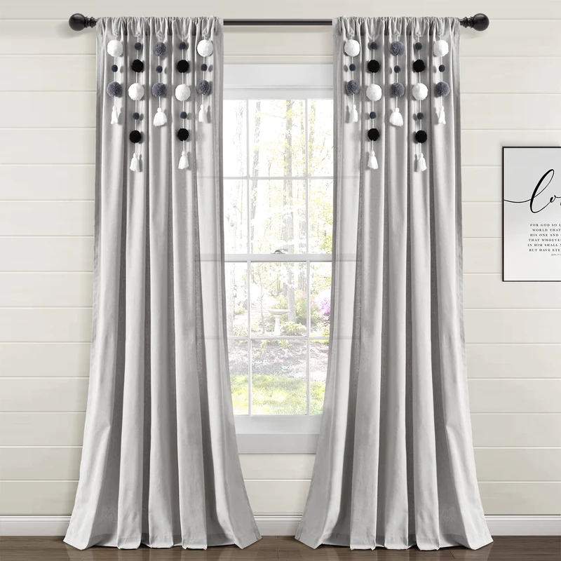 Lush Decor Boho Pom Pom Tassel Linen Window Curtain Panel (Single Panel), 95" L x 52" W, Gray & Black
