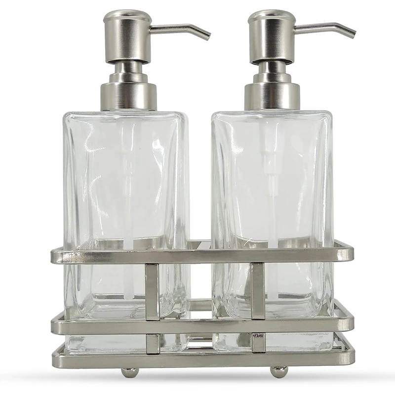 Square Glass Clear Lotion and Soap Pump Dispenser Set with Metal Stand Caddy for Bathroom Bath Kitchen Home Office Travel Hotel Hand Crafted Heavy Weight