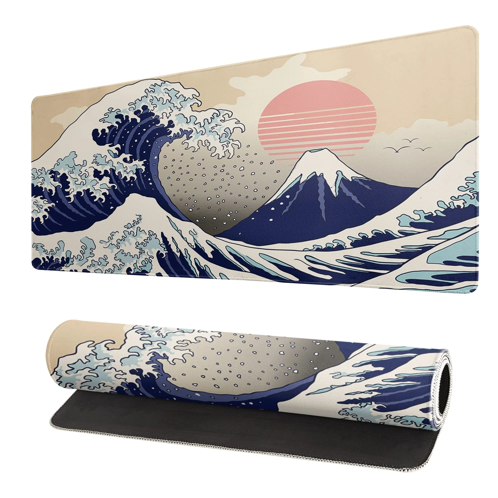 Japanese Sea Wave Large Mouse Pad - Abstract Blue Desk Mat 31.5x11.8 Inch Cool Texture Non-Slip Rubber Base Mousepad With Stitched Edges for Office Home Gaming