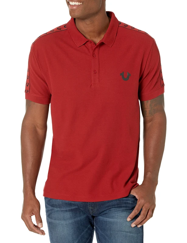 True Religion Men's Damask Short Sleeve Polo, Red Dahlia, S - Image 1