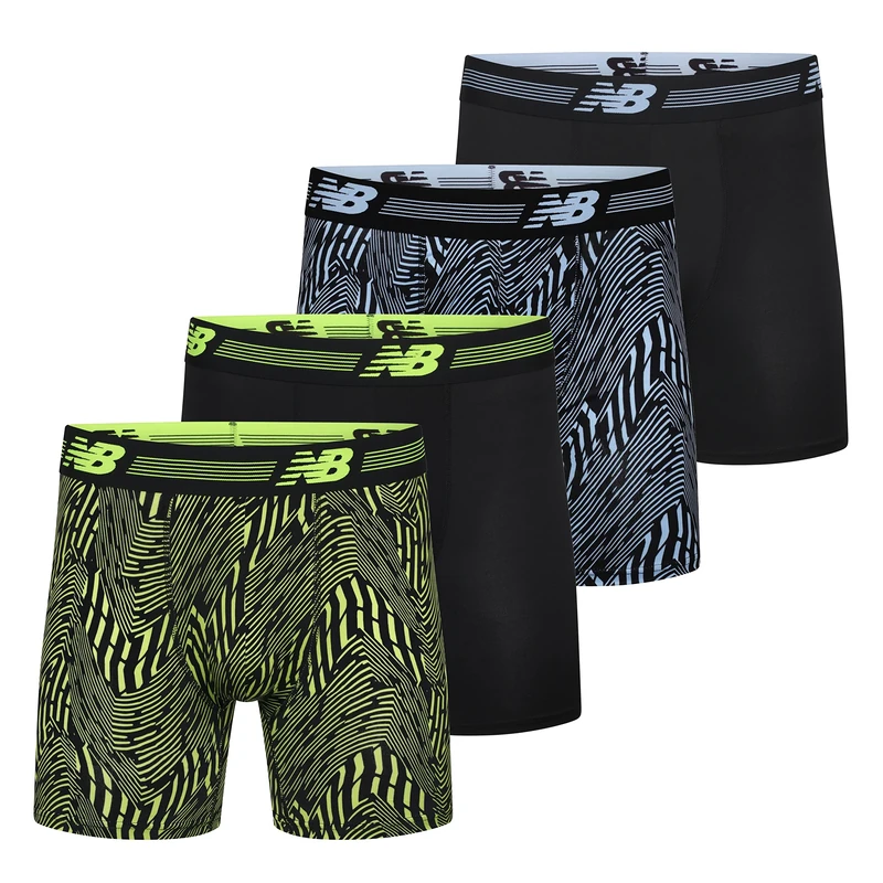 New Balance Men's Standard Performance 6" NO Fly Boxer Brief (4-Pack), Black/Azure Print/Black/Hi-Lite Print, X-Large