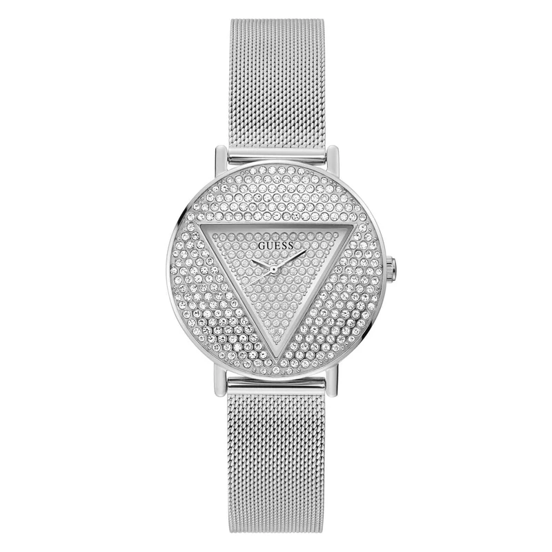 GUESS US Women's Silver-Tone Logo Analog Watch, Silver Tone, Modern