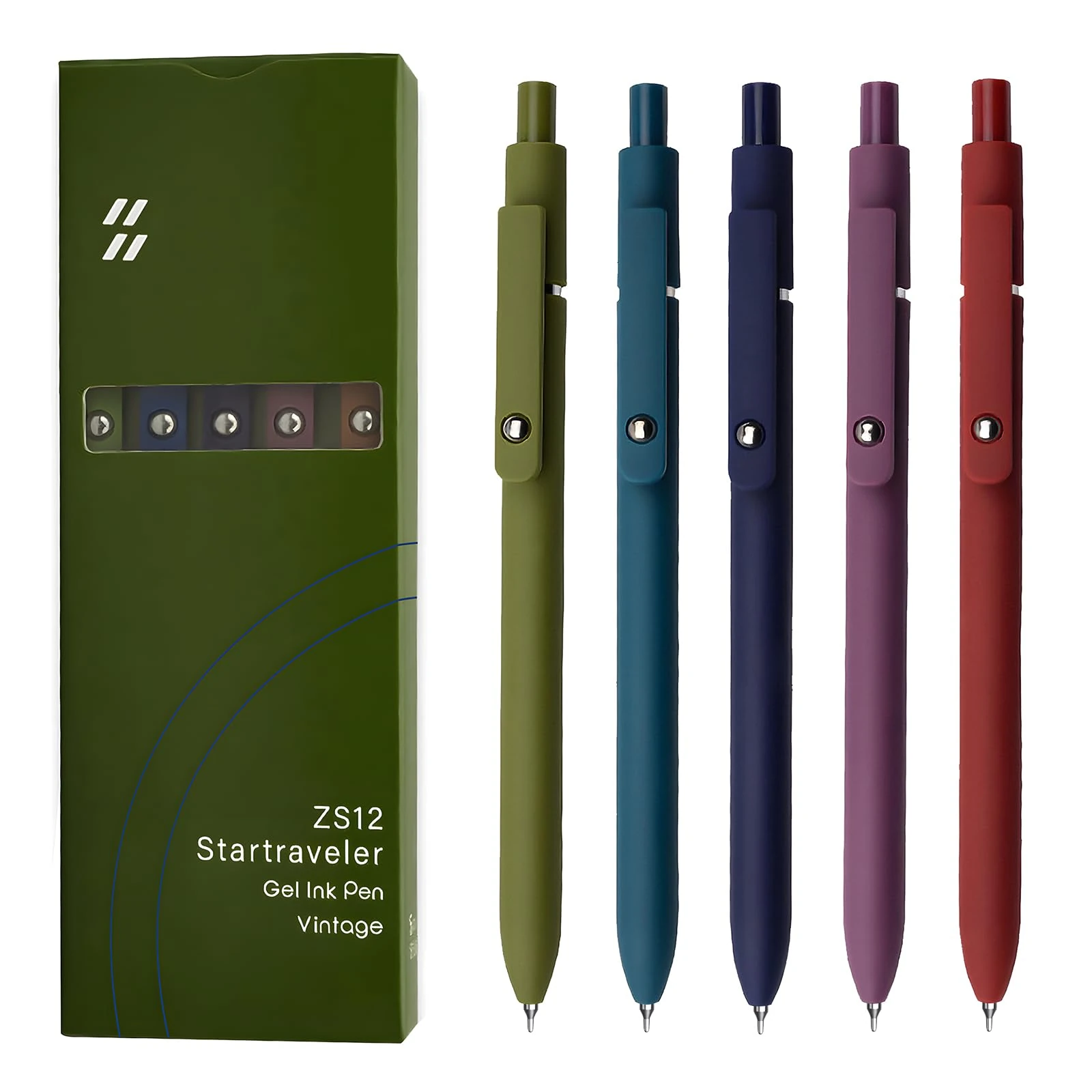 UIXJODO Japanese Gel Ink Pen 0.5mm Fine Point Smooth Tip Gel Pen with Silicone Handle, Premium Series Retractable with Metal Clip (5 Pcs, Vintage)