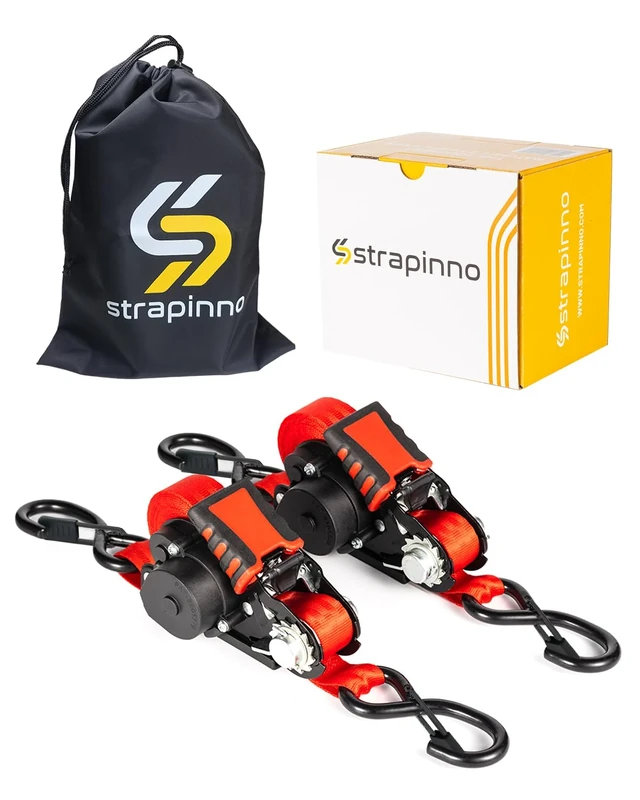 Strapinno Retractable Ratchet Straps - 1 in x 12 ft Heavy Duty Tie Downs, 1800lbs Breaking Strength Each, S Hooks with Safety Clip, AutoRetract, for Moving, Motorcycle, Boat, Kayak, and Cargo (2)