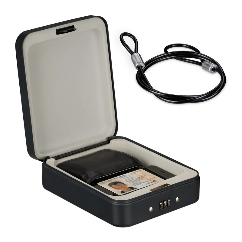 Relaxdays Box, Combination Lock, Portable, Security Cable, Car Safe, H x W x D: 6 x 16 x 20 cm, Steel, Black