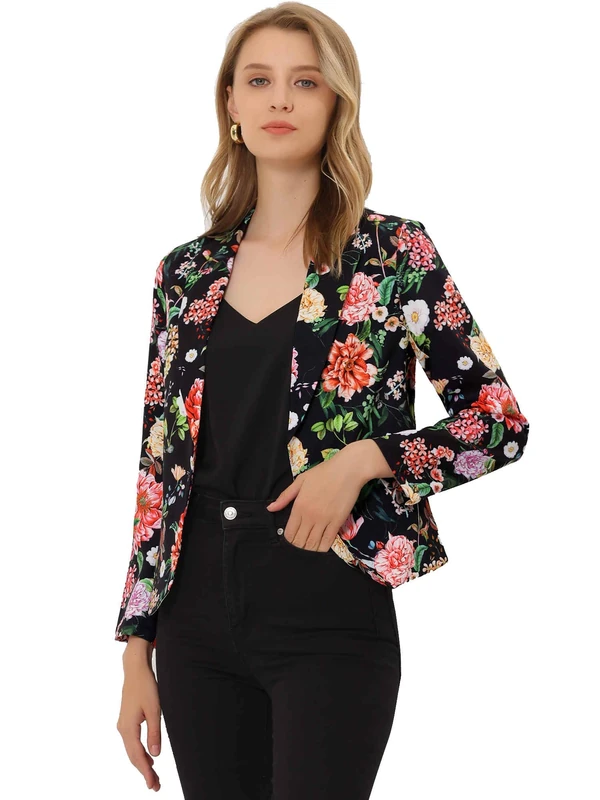 Allegra K Women's Open Front Office Work Business Crop Suit Blazer Jacket, Black Red-Floral, M