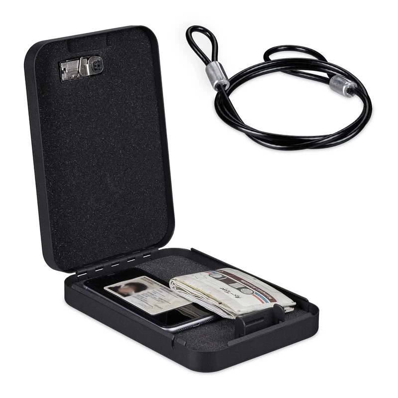 Relaxdays Security Box, Combination Lock, Portable, Security Cable, Car Safe, H x W x D: 5.5 x 17 x 25 cm, Steel, Black