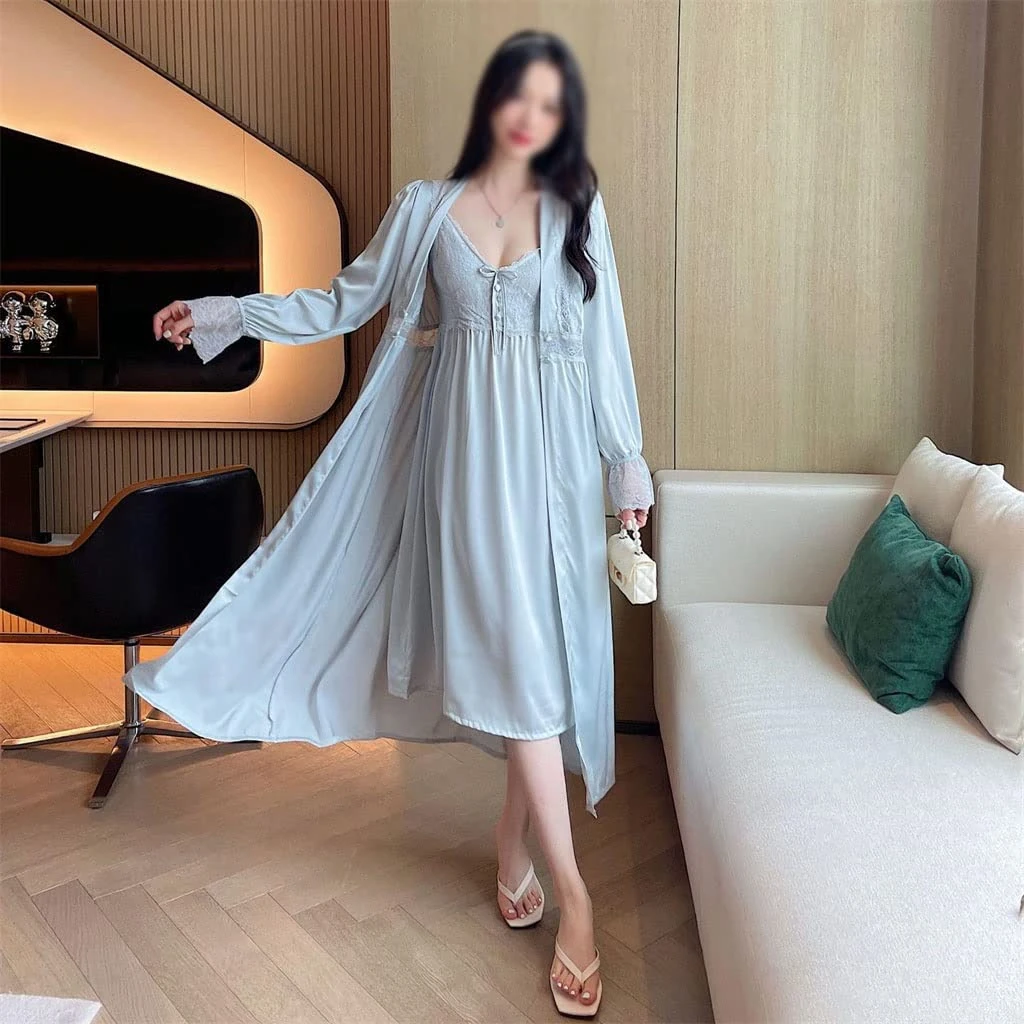Kimono Nightwear 2 Pieces Robe Set Femme Sleepwear Sexy Bathrobe&Chemise Nightgown Suit Lace Gown Intimate Lingerie (A XL)