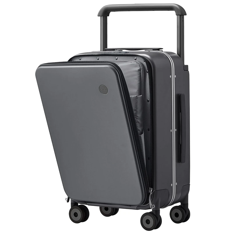mixi Luxury Wide Handle Suitcase Carry On Luggage PC Hardside with Aluminum Frame Laptop Front Open, Rock Grey, 20-Inch, Front Open Wide Handle Carry on Suitcase with Aluminum Frame