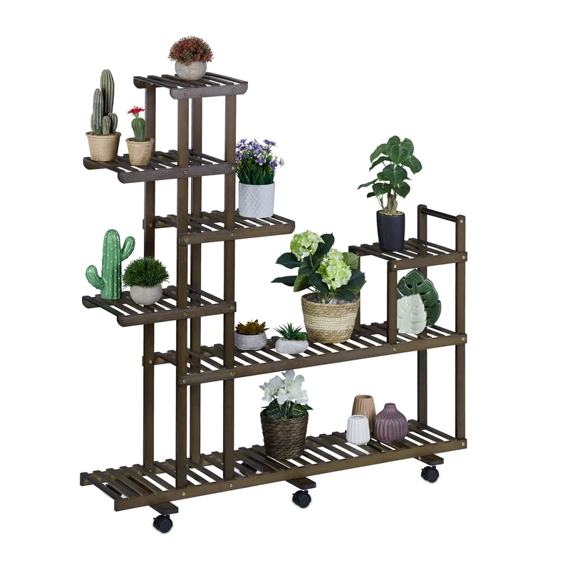 Relaxdays Plant Stand, 7 Shelves, Wheels, Flower Rack, Indoor, H x W x D: 127 x 120 x 36 cm, Bamboo, Brown