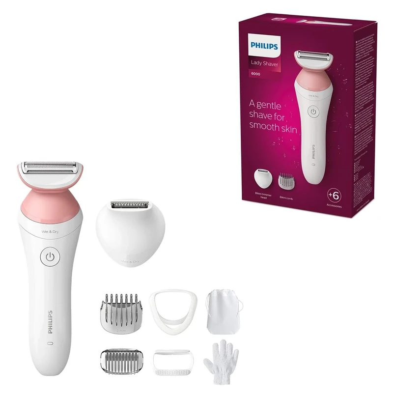 PHILIPS Lady Shaver Series 6000 Wireless Razor with 6 Accessories Body Exfoliating Glove Bikini Zone Trimmer (Model BRL146/00), White/Pink
