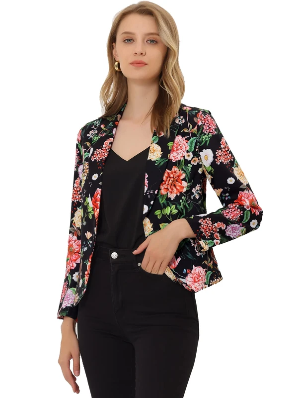 Allegra K Women's Notched Collar Open Blazer Casual Jacket Office Jacket, Black/Red/Floral, L