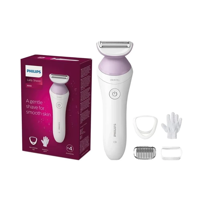Philips Lady Shaver Series 6000 — cordless wet and dry shaver with 4 accessories, body scrub glove, comb attachment (model BRL136/00)