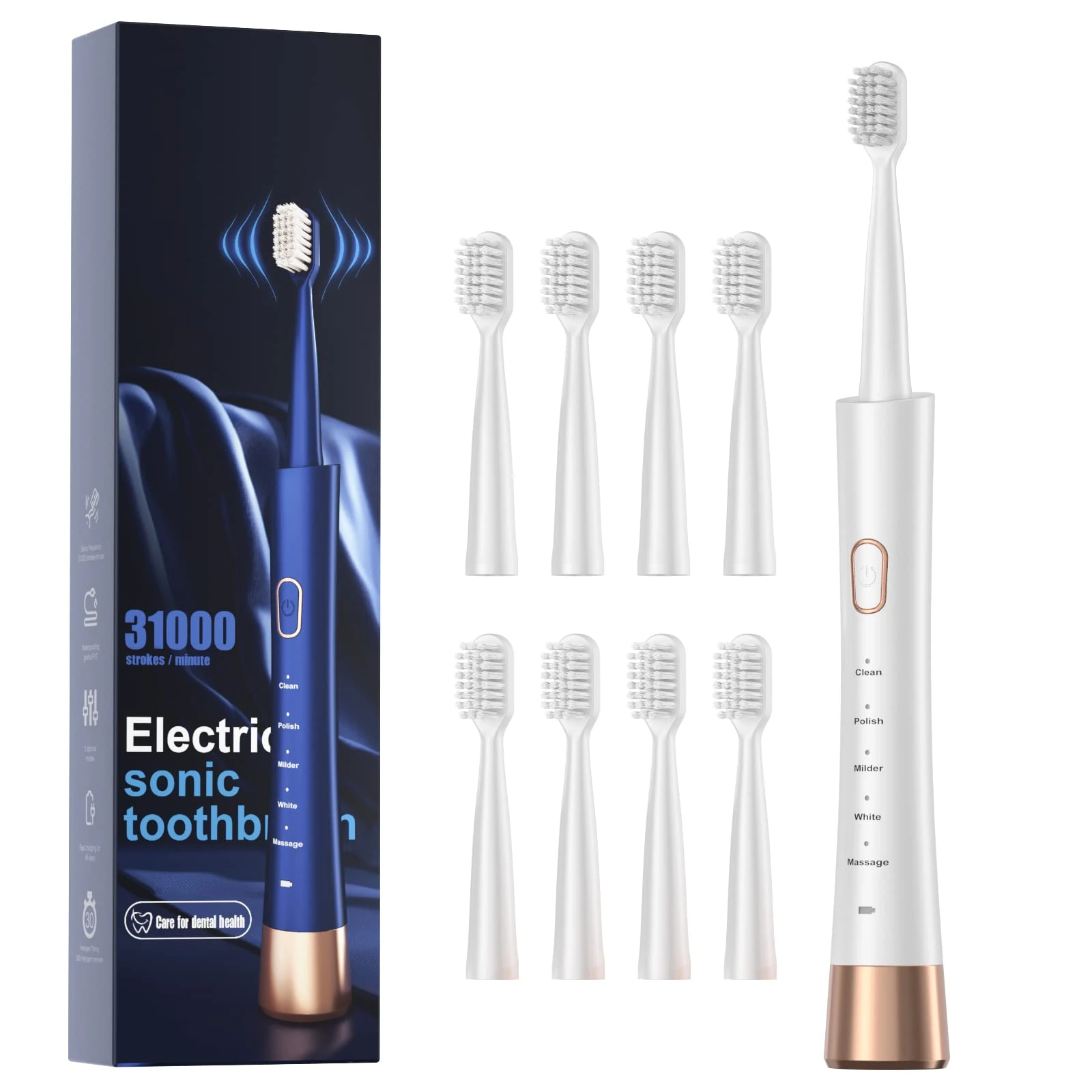 High Vibration Sonic Electric Toothbrush for Adults with 2 Minutes Smart Timer, Fast Charge Lasts Long, 5 Optional Modes, 8 Replacement Brush Heads Ultra Whitening, White