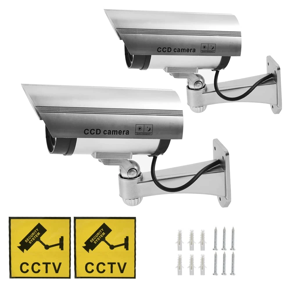 TIMESETL 2 Pack Silver Dummy Camera Waterproof Bullet Shape Fake Security Camera with Red Flashing LED + CCTV Signs + Screws