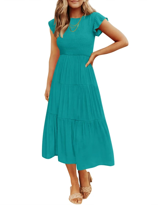 ZESICA Women's 2024 Summer Casual Flutter Short Sleeve Crew Neck Smocked Elastic Waist Tiered Midi Dress, Peacock, L