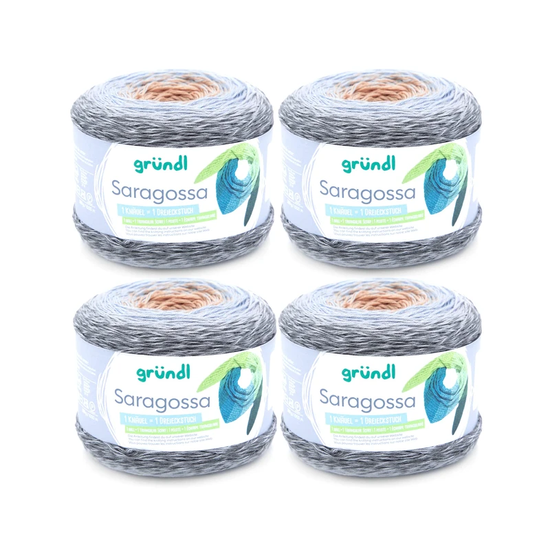 Gründl Saragossa Wool (Soft Gradient 50% Cotton and 50% Polyacrylic, 250 g/1000 m, Needle Size: 3 mm - 4 mm, 4 x 250 g), Wellness Colour