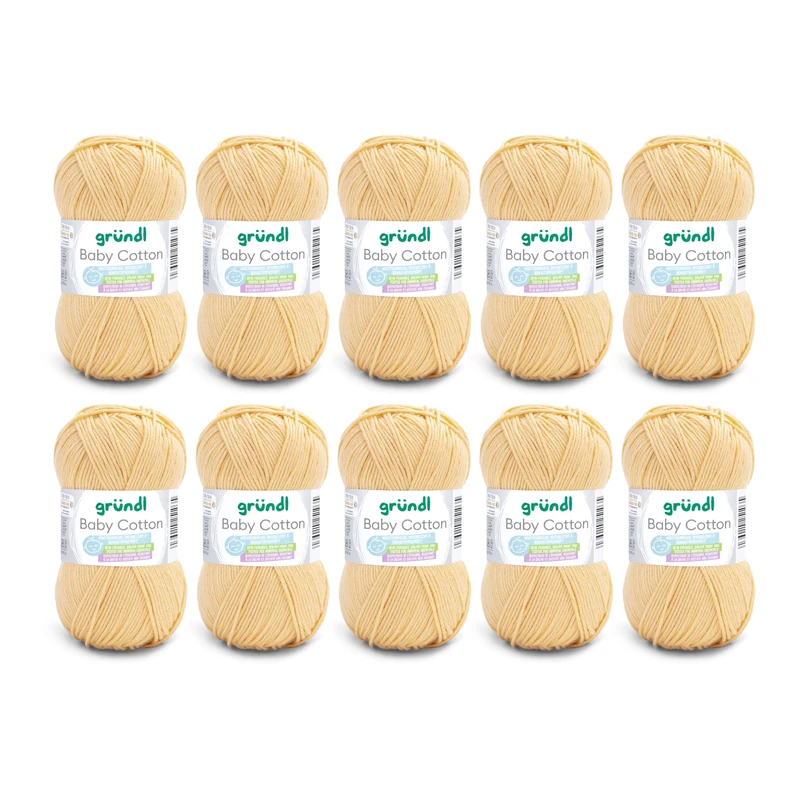 Gründl Baby Cotton Wool for Knitting and Crocheting, Baby Wool 50% Cotton, 50% Polyacrylic, Durable and Easy to Clean, 50 g / 140 m, Needle Size: 3.5-4.5, 10 x 50 g), Yellow
