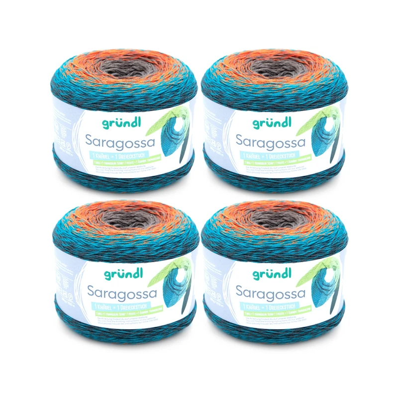 Gründl Saragossa Wool (Soft Gradient 50% Cotton and 50% Polyacrylic, 250 g/1000 m, Needle Size: 3 mm - 4 mm, 4 x 250 g), Sunset Colour
