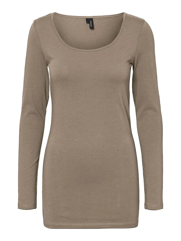 VERO MODA Women's Long Sleeve Bodycon Long Sleeve with Deep U-Neck Crew Neck, Walnut/Detail: Light Melange, XXL