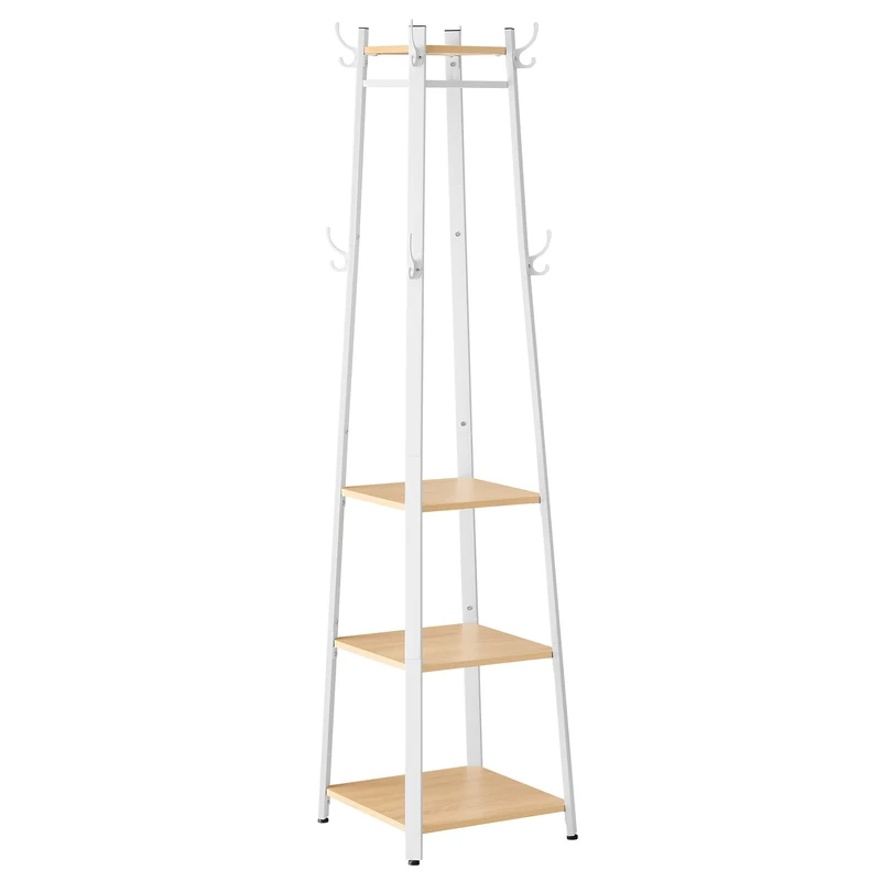VASAGLE Coat Stand, Coat Rack with 8 Double Coat Hooks, 4 Shelves, Clothes Rails, Metal Frame, for Jackets, Bags, in Hallway, Bedroom, Oak and White LCR080W09