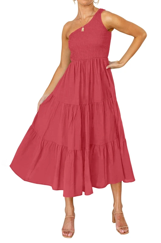 ZESICA Women's 2023 Bohemian Summer Floral Print One Shoulder Sleeveless Smocked Ruffle Tiered Beach Long Midi Dress, Solidwatermelon, S - Image 1