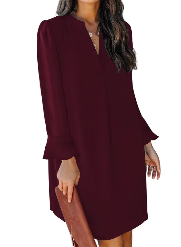 QACOHU Dresses for Women 2024 V Neck Spring Summer Ruffle Long Sleeve Simple Casual Loose Flowy Autumn Winter Shift Dress, X-red Wine, L - Image 1