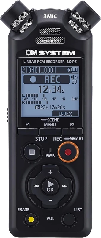 OM SYSTEM LS-P5 Hi-Res Audio Recorder – Advanced Tresmic II 3-Microphone System, Bluetooth Monitoring, 16GB Storage, 37h Battery – Pro Studio Sound, Portable, Smartphone Control
