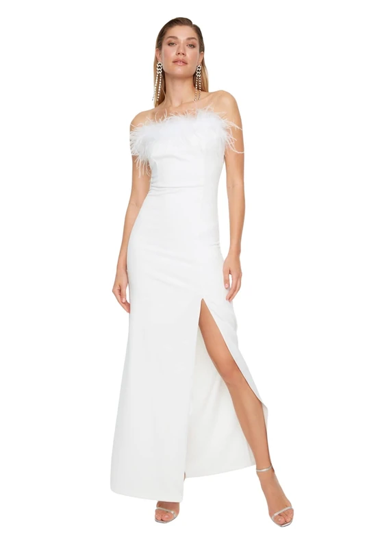 Trendyol Women Maxi Shift Fitted Woven Evening Dress Ecru
