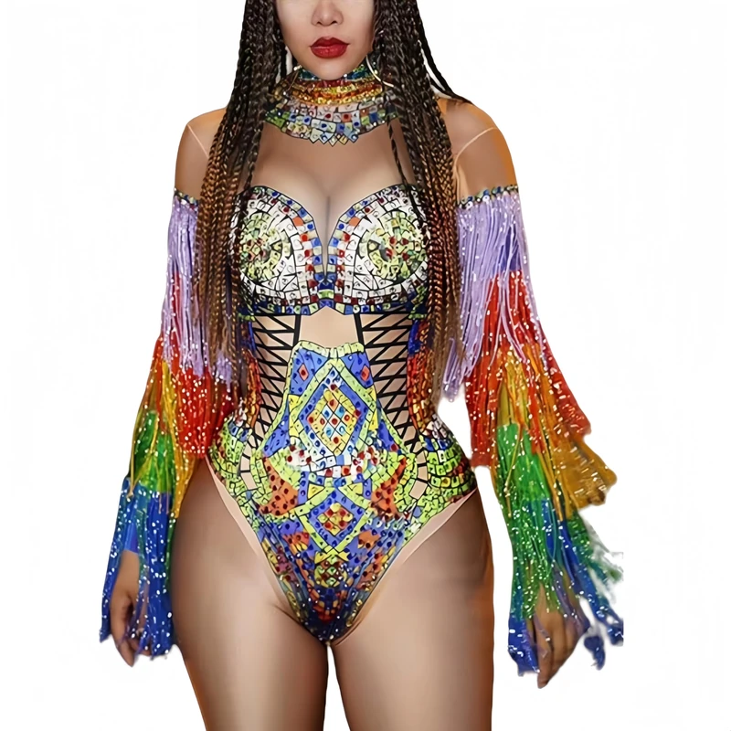 YUANTONG Rhinestone Fringe Bodysuit For Women Dance Costumes Drag Queen Outfits Party Festival Sexy Club Night Stage Wear, Multicolor, One Size - Image 1