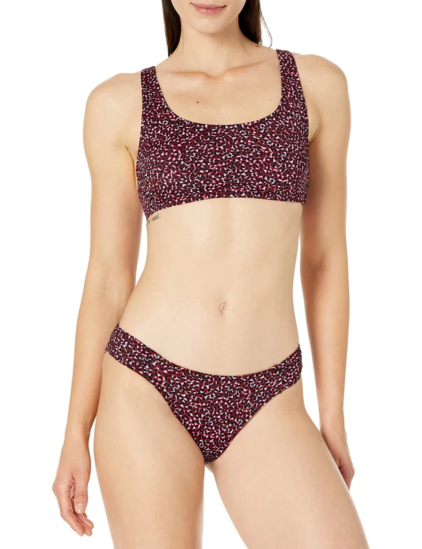 Amazon Essentials Women's Scoop Neck Swim Crop Top, Brick Red Leopard, 18