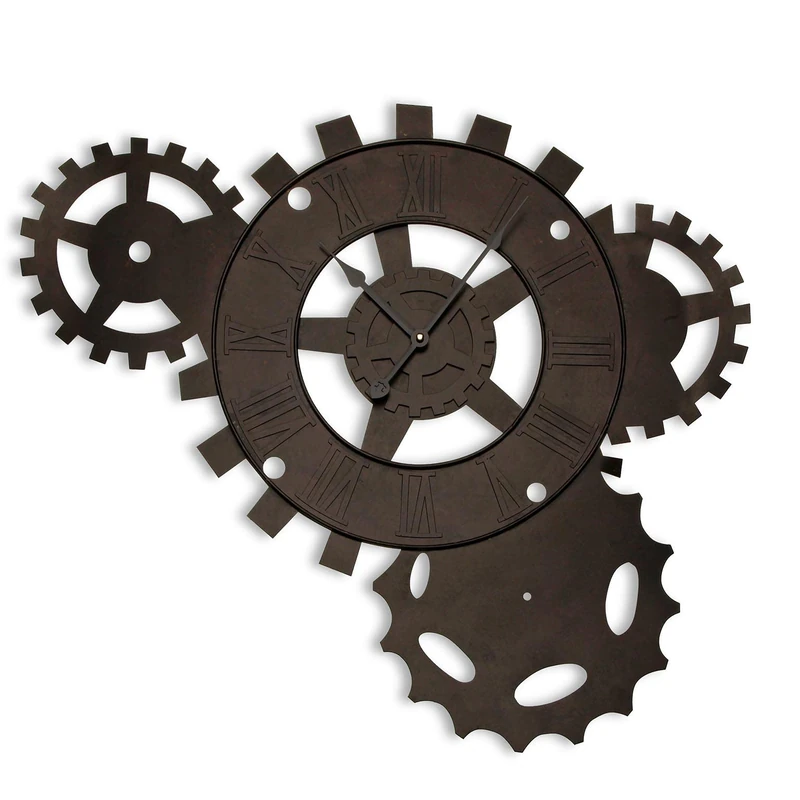 Versa Volga Silent Decorative Wall Clock for Kitchen, Living, Dining Room, Industrial Style with Gear Detail, Dimensions H 71 x W 5 x D 51 cm, Metal, Black, Oxide, Medidas (Al x L x an) 71 x 5 x 51 cm