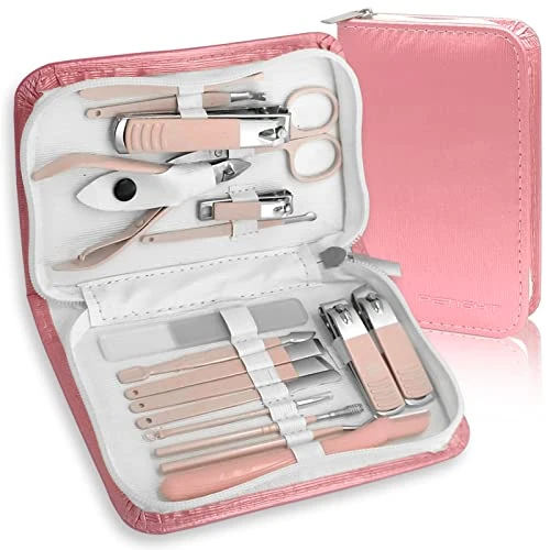 Manicure Set Professional Nail Clippers Kit With 18pcs Stainless Steel Nail Care Tools, Men Women Nail Grooming Pedicure Kit With Luxurious Leather Case Zip Bag For Home Care, Gift, Travel （Pink)
