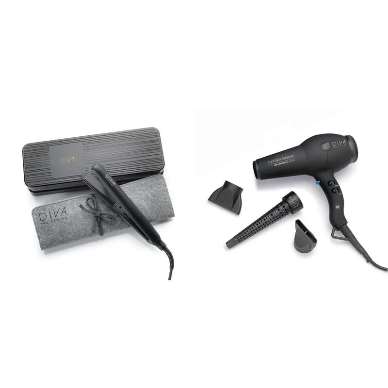 Diva Pro Styling Digital Straightener and Styler Onyx & Ultima 5000 Pro Dryer, 2200W Professional Hairdryer with Ionic Conditioning, Black