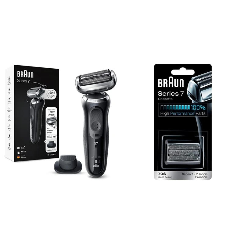 Braun Series 7 Electric Shaver for Men - Precision Trimmer, UK 2 Pin Plug, Silver Razor & Replacement Head, Compatible with Series 7, 70S