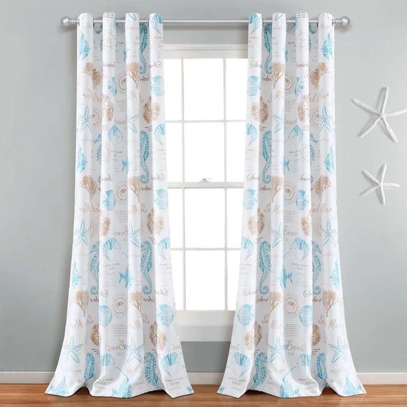 Lush Decor Harbor Life Light Filtering Window Curtain Panel (Single Panel), 52" W x 84" L, Blue & Taupe - Image 1
