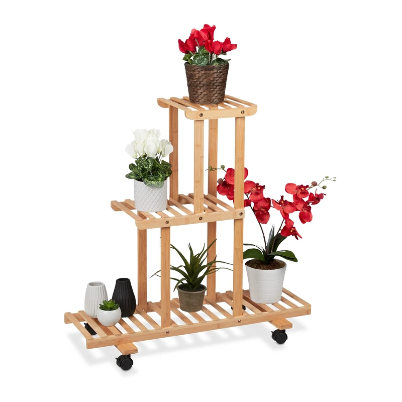 Relaxdays Plant Stand, 3 Shelves, Wheels, Flower Rack, Indoor, H x W x D: 82 x 81 x 36 cm, Bamboo, Natural