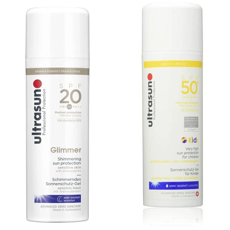 ultrasun SPF20 Glimmer Sensitive Formula All Day Sun Protection Lotion, 150 ml &, Kids Sunscreen SPF50+, white, Unscented, 150 millilitre
