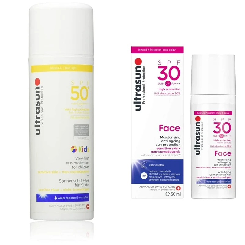 ultrasun, Kids Sunscreen SPF50+, white, Unscented, 150 millilitre & Face Anti-Ageing Sun Protection SPF30, 50 ml