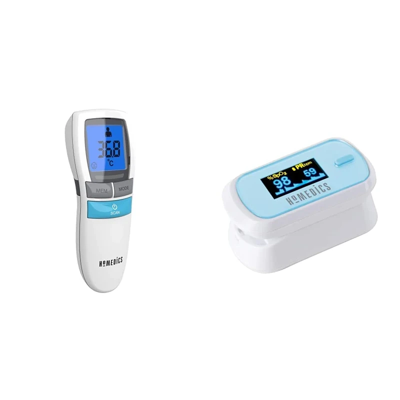 HoMedics No Touch Infrared Thermometer - Non-Contact, Portable, Forehead Temperature Reader & Fingertip Pulse Oximeter - Measures Oxygen Saturation